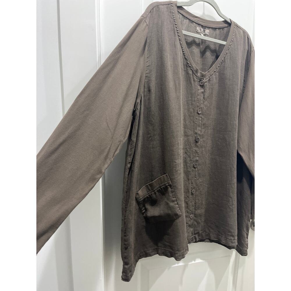 FLAX Linen Long Sleeve Ash Brown Button Down Tunic Blouse Sz L - Picture 3 of 6